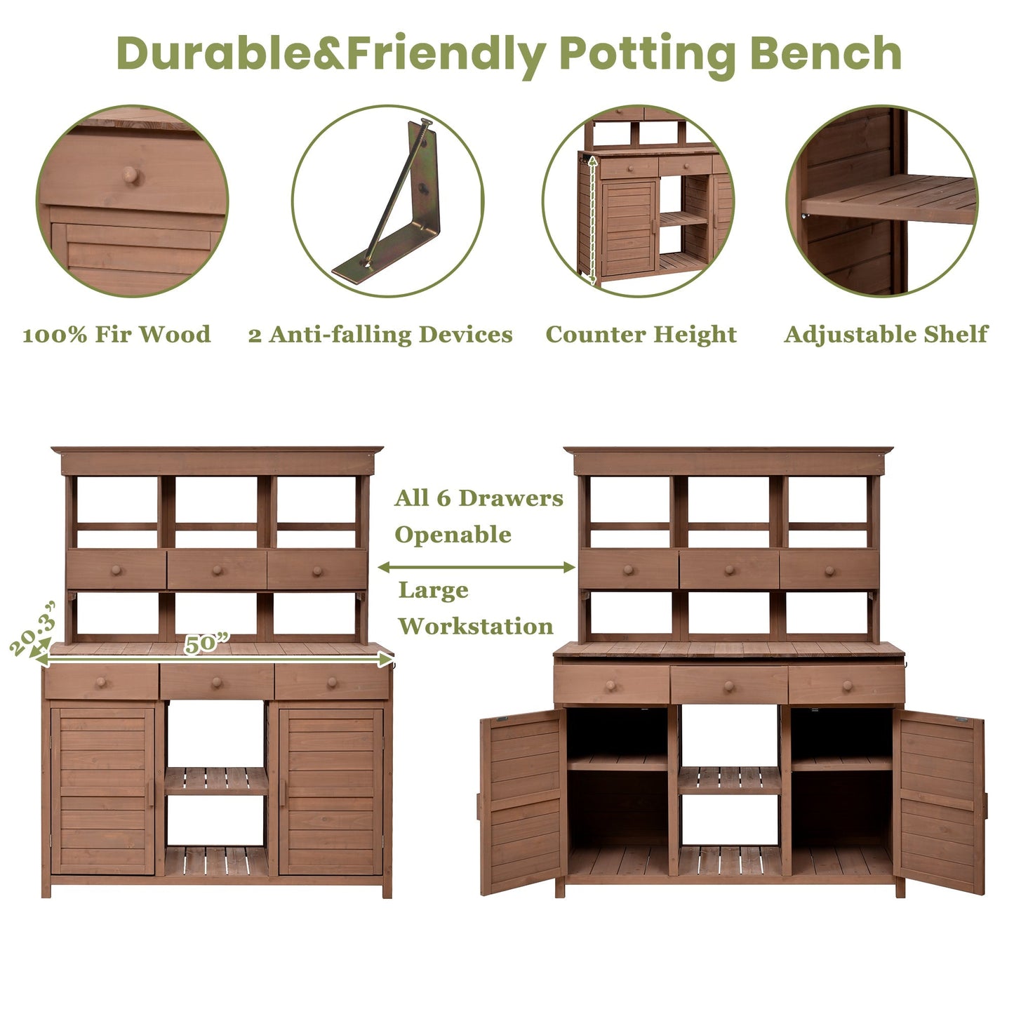Topmax 65.7'' Tall Garden Potting Bench Table with Hutch