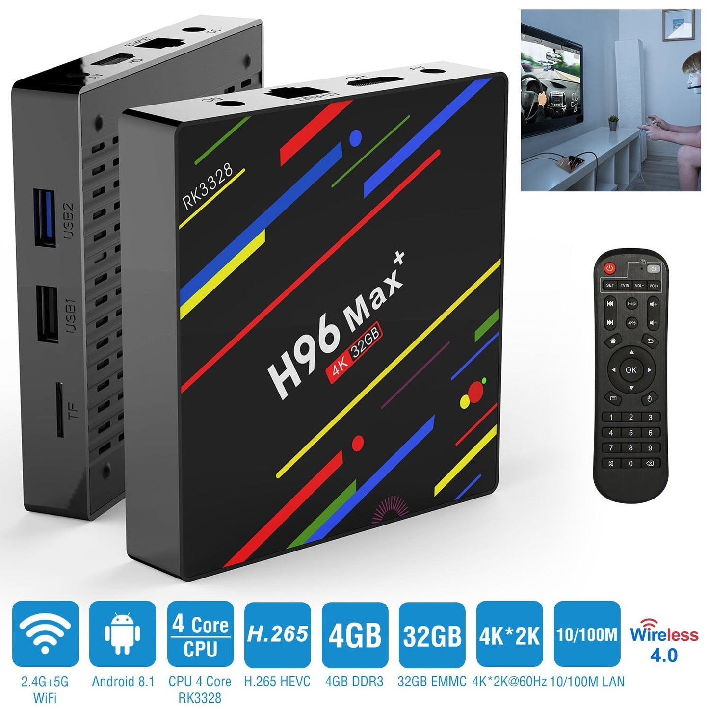 H96 Max+ Android 8.1 TV Box RK3328 Quad Core 4GB / 32GB UHD 4K VP9 H.265 WiFi_x000B__x000B_USB3.0 Smart Streaming Media Player US Plug