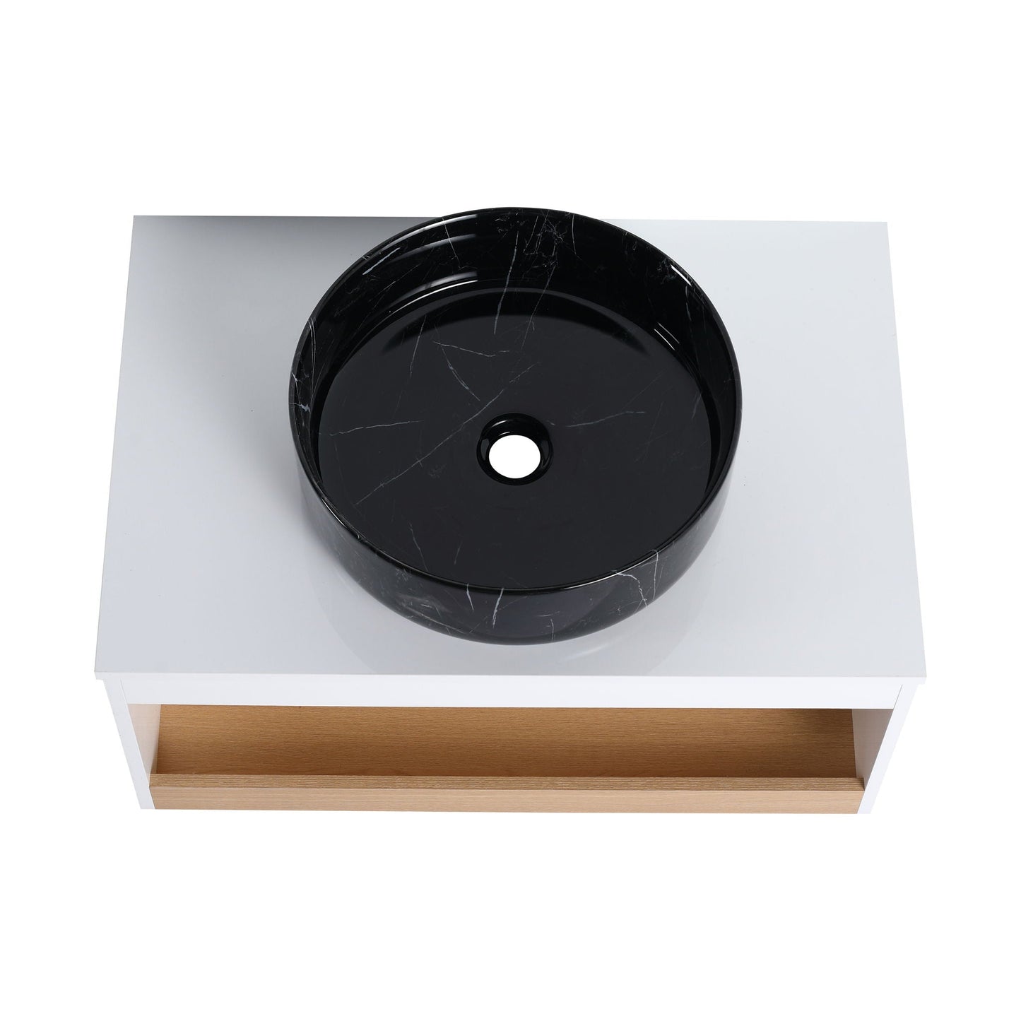 Floating Bathroom Vanity With Vessel Sink With Open Shelf Storage