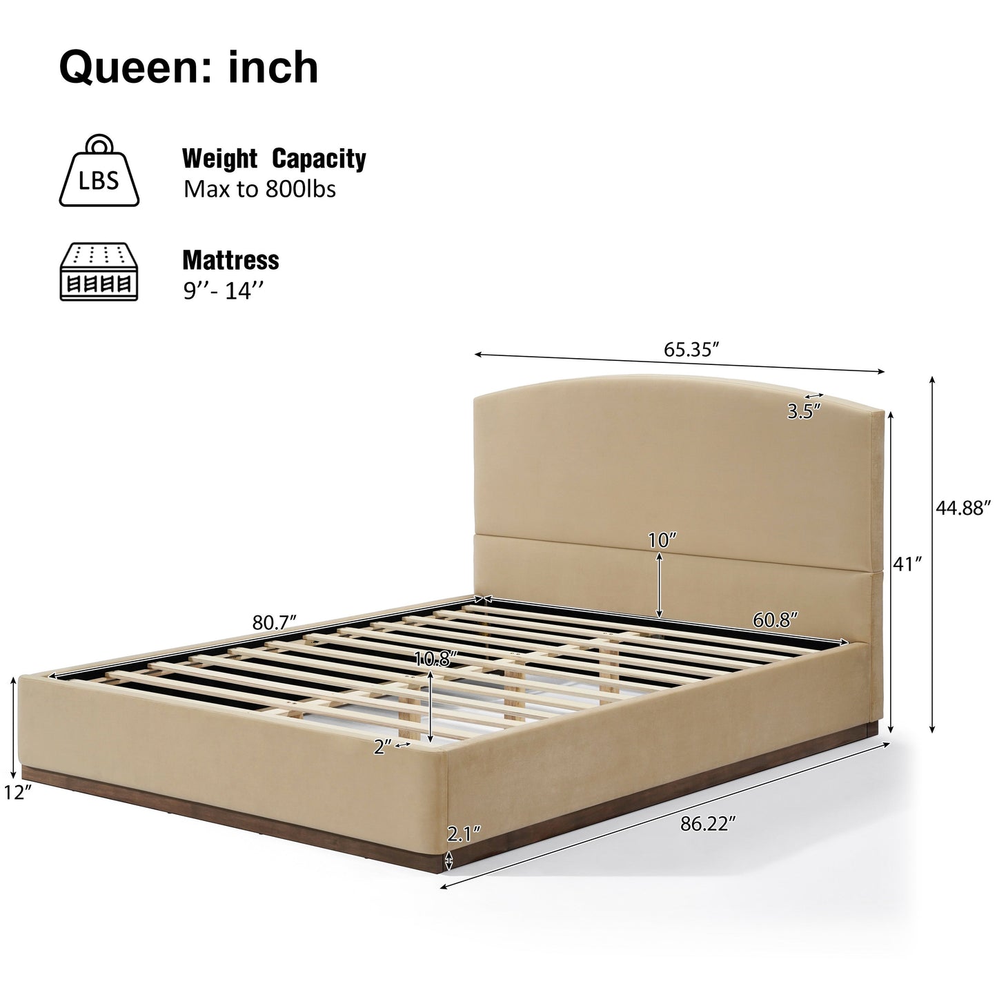 Queen Size Upholstered Bed Frame with Velvet Fabric Thick Headboard