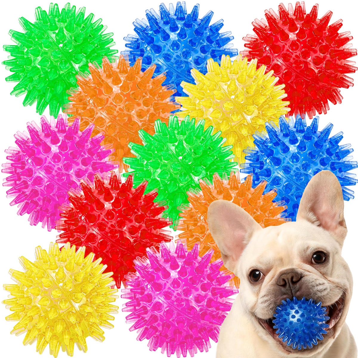12-Pack Squeaky Spiky Dog Balls, Balls For Small Medium Dogs Durable TPR, Floats, Bouncy, Soothes Gums, Cleans Teeth, Boredom Buster, Interactive Play, Indoor And Outdoor Fetch