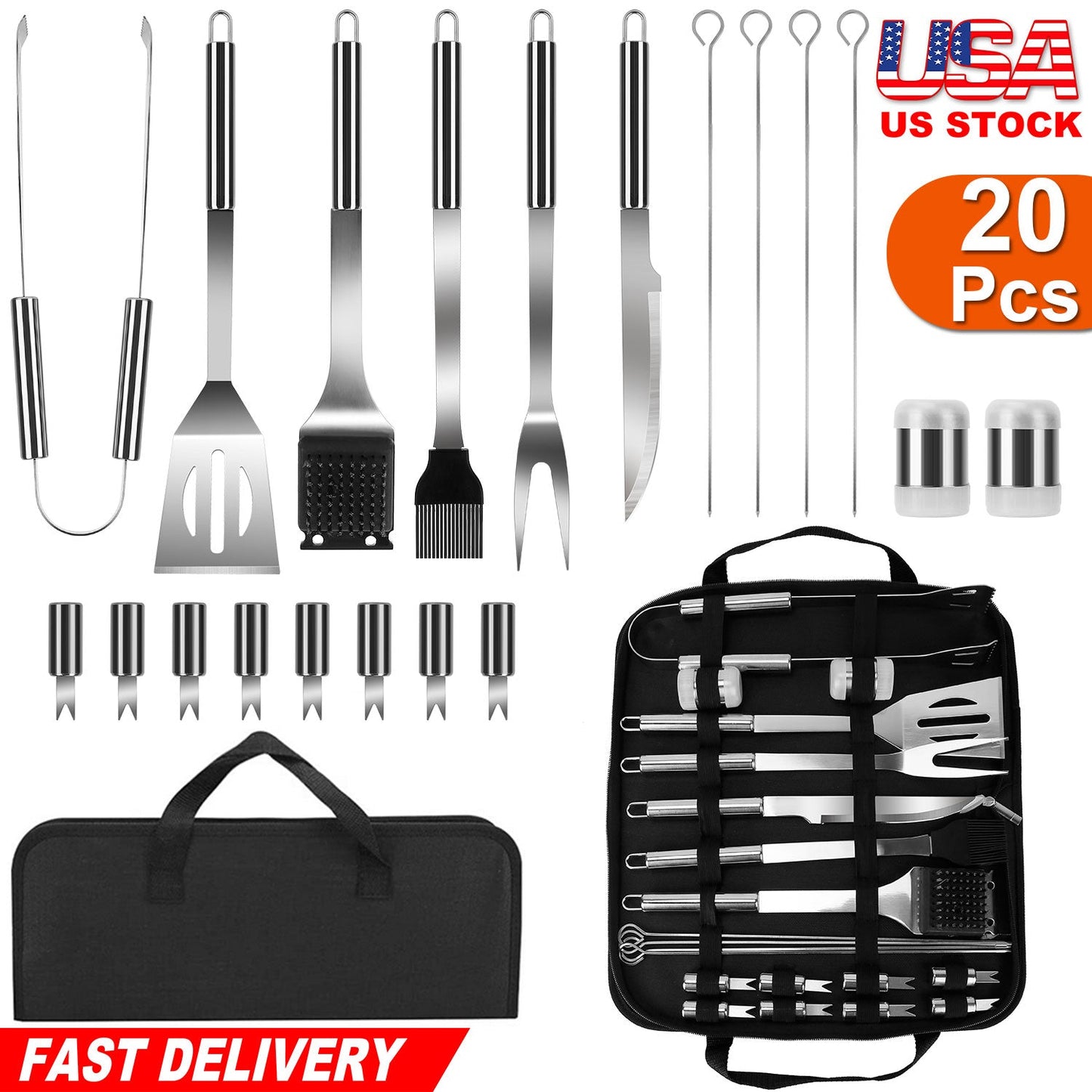 Stainless Steel BBQ Grill Tool Kit Grilling Utensil Accessories w/ Spatula Tongs Fork Knife_x000B__x000B_Brush Pepper Salt Shaker Bottle Grilled Skewers Corn Need