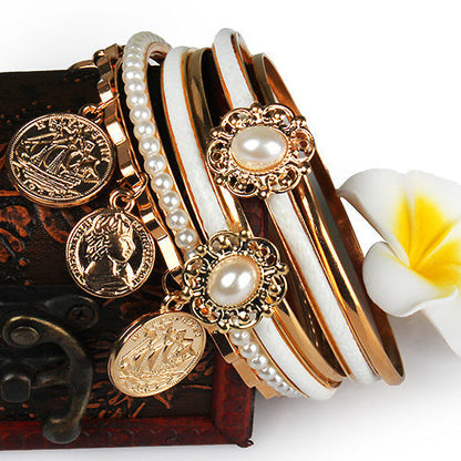 Gold 6-Piece Bangle Set with Imitation Pearls
