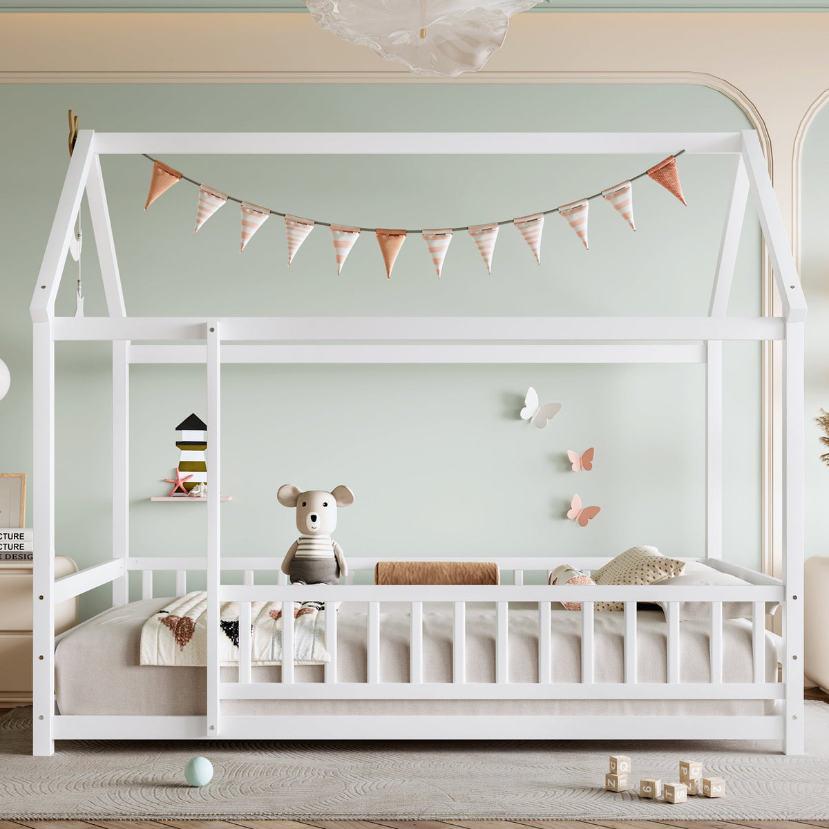 Twin Size Floor Wooden Bed with House Roof Frame