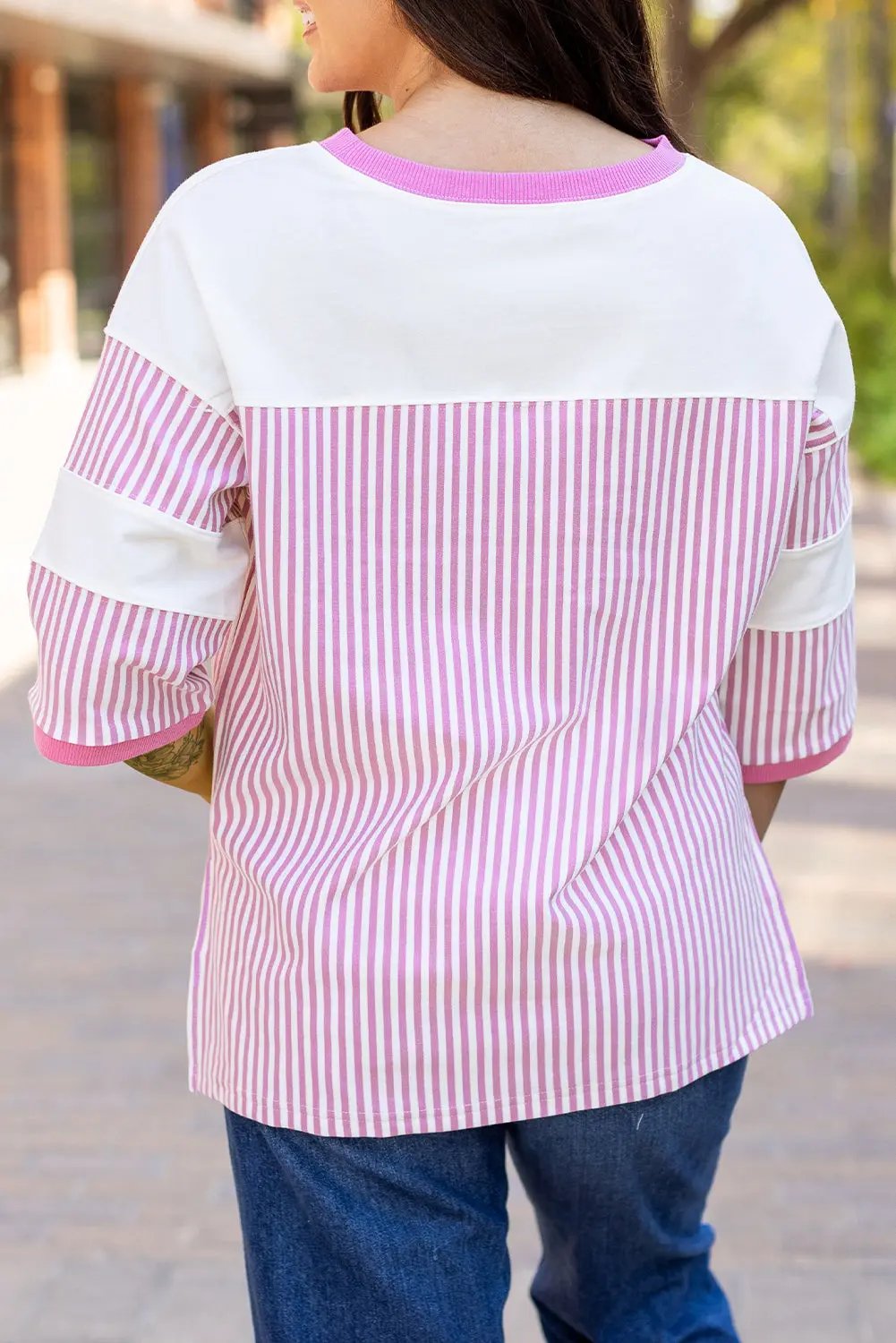Women's Tee Shirt Women's Tee - Striped Patchwork - Casual Spring