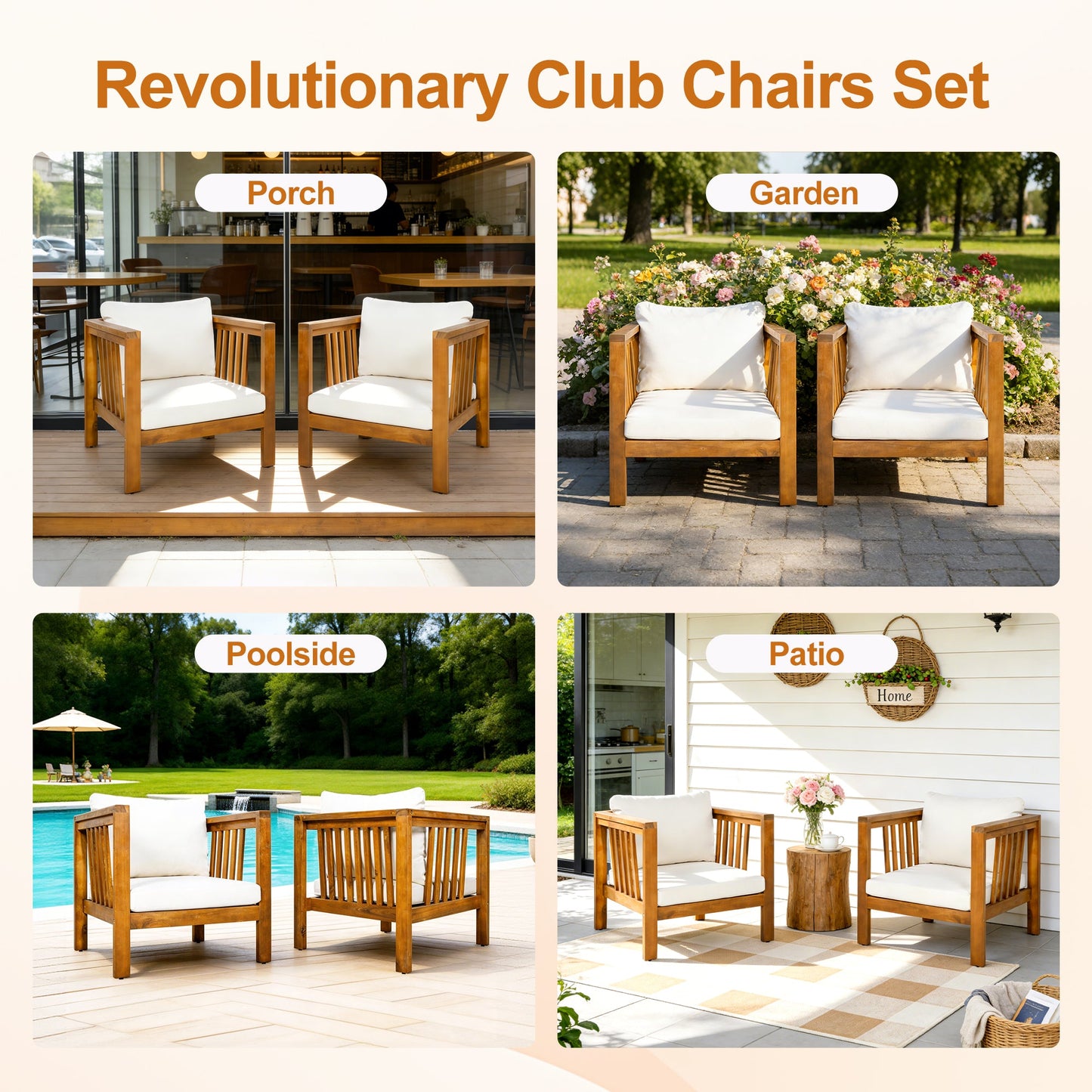 Set of 2 Outdoor Acacia Wood Club Chairs with Modern Square Arms