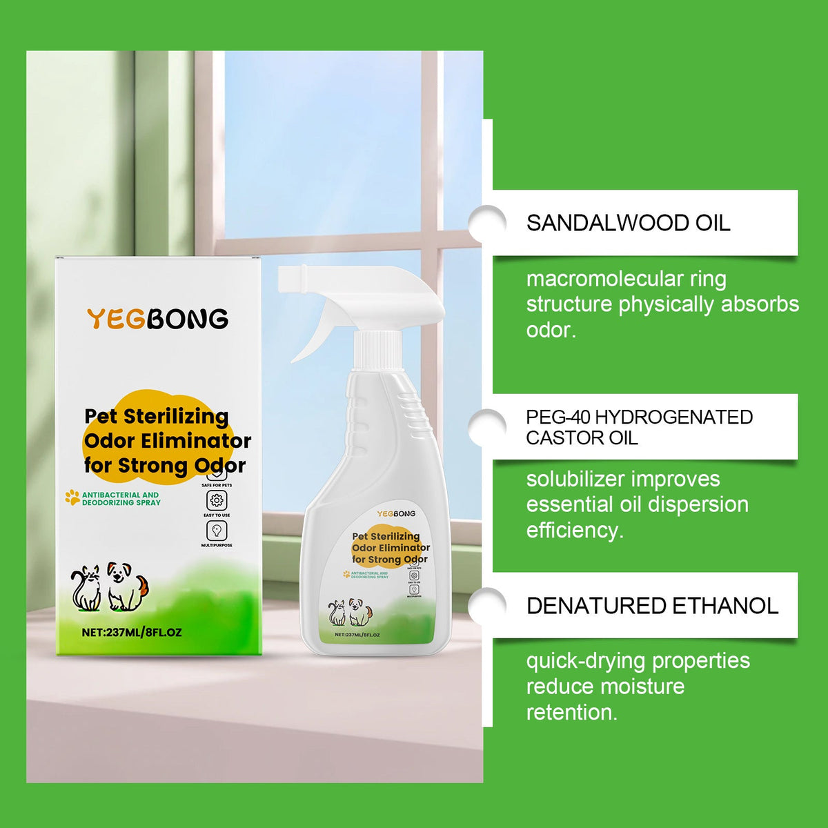 Yegbong Pet Deodorizing Spray, General-Purpose Indoor Household Cleaning Spray For Cats And Dogs, Freshens The Environment With Rotating Nozzle