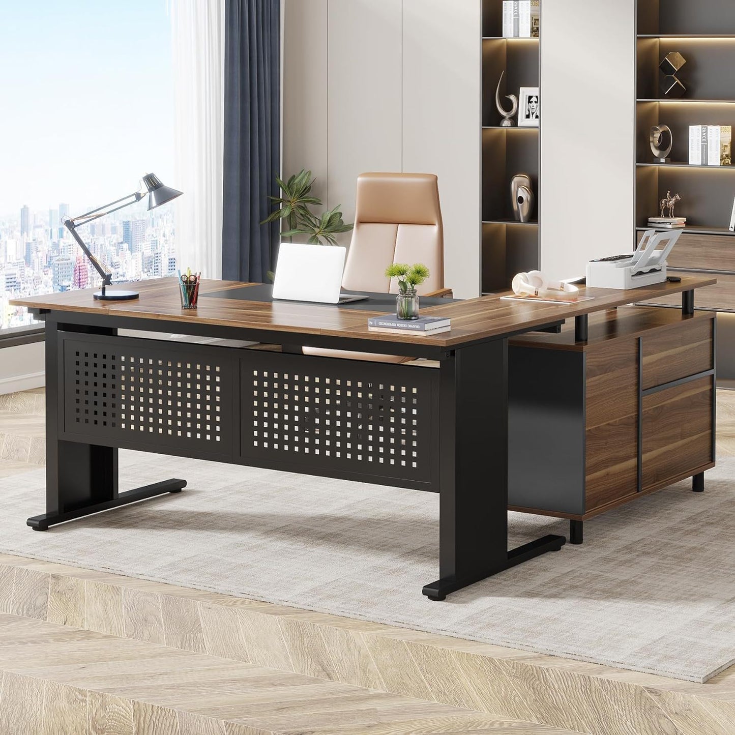 L-Shaped Executive Desk With File Cabinet, Office Workstation With Drawers, Shelves & Storage