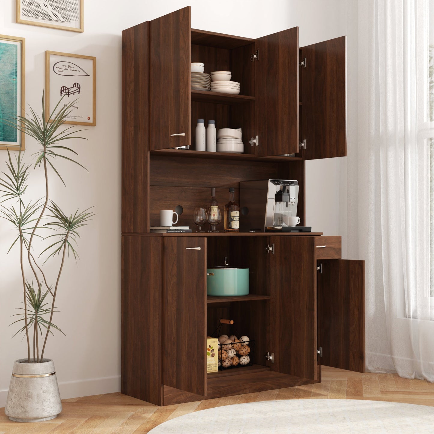 70.87" Tall Wardrobe & Kitchen Cabinet with 6 Doors, Drawer, and Open Shelf