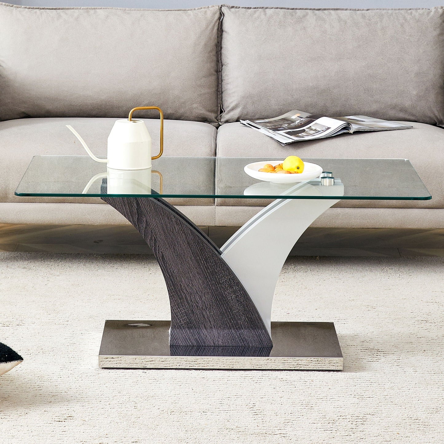 Artistic Rectangular Coffee Table With Tempered Glass Countertop