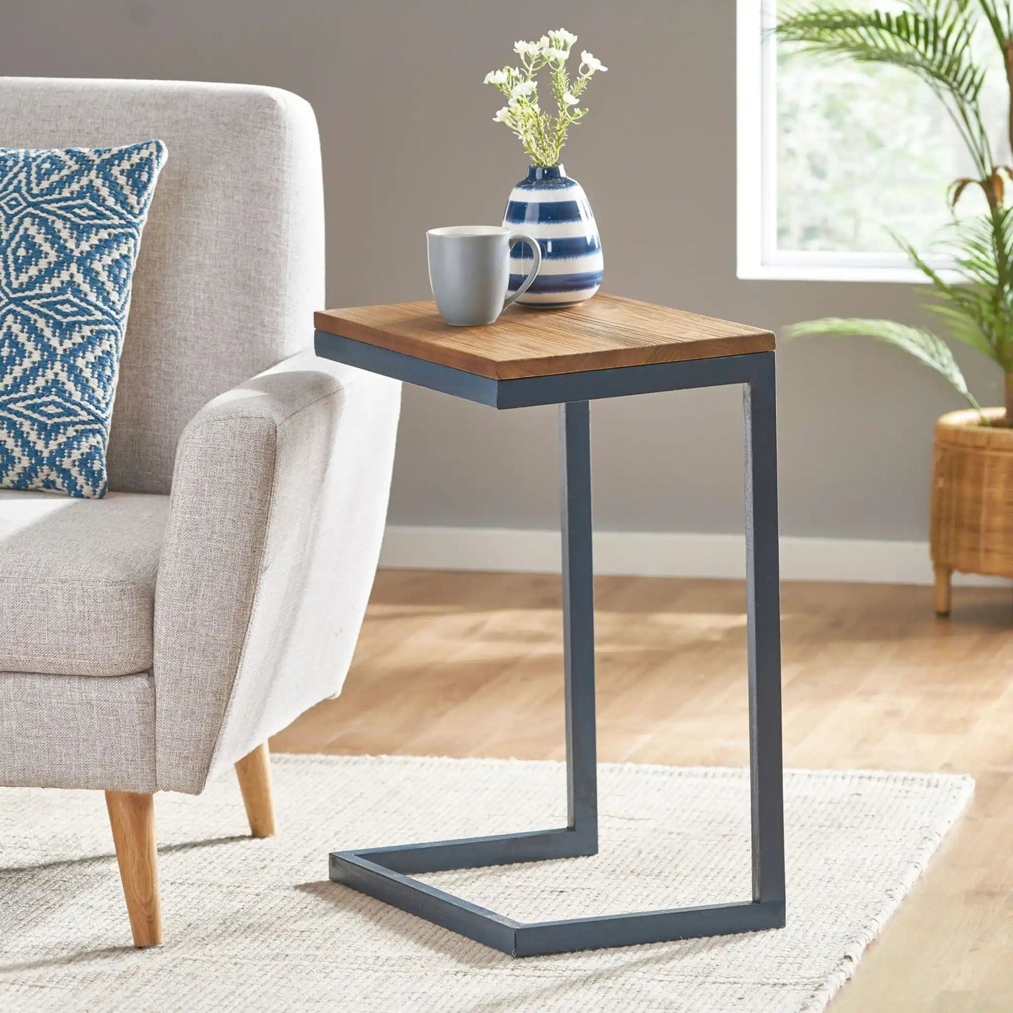 C Shaped End Table With Iron Base And Fir Wood Top