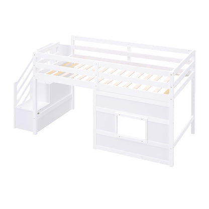 Loft Bed With Storage Staircase, Window & LED Light