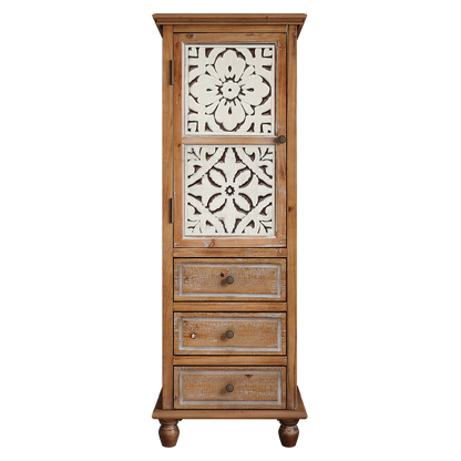 Rustic Wooden Storage Cabinet with Decorative Cutout Door & 3 Drawers