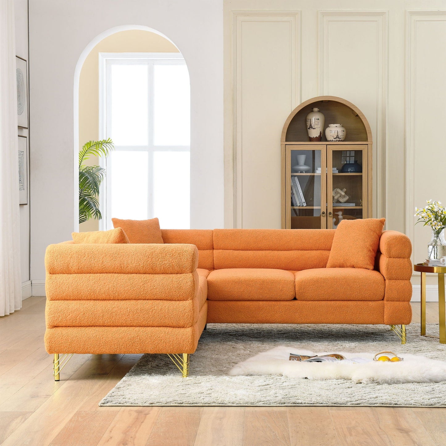 Oversized L - Shaped Corner Sofa, 5 Seater Sectional With 3 Cushions, Living Room Furniture - Orange