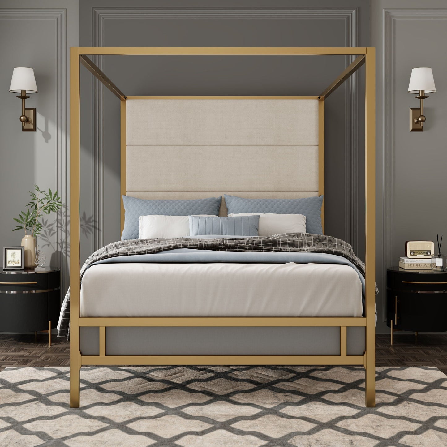 Canopy Bed With Tall Upholstered Headboard, 4 Poster Frame