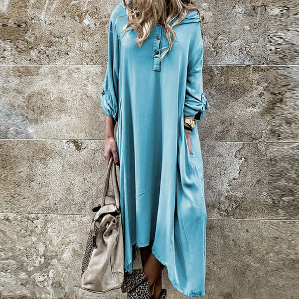 Plus Size Boho Long Sleeve Women's Hooded Dress