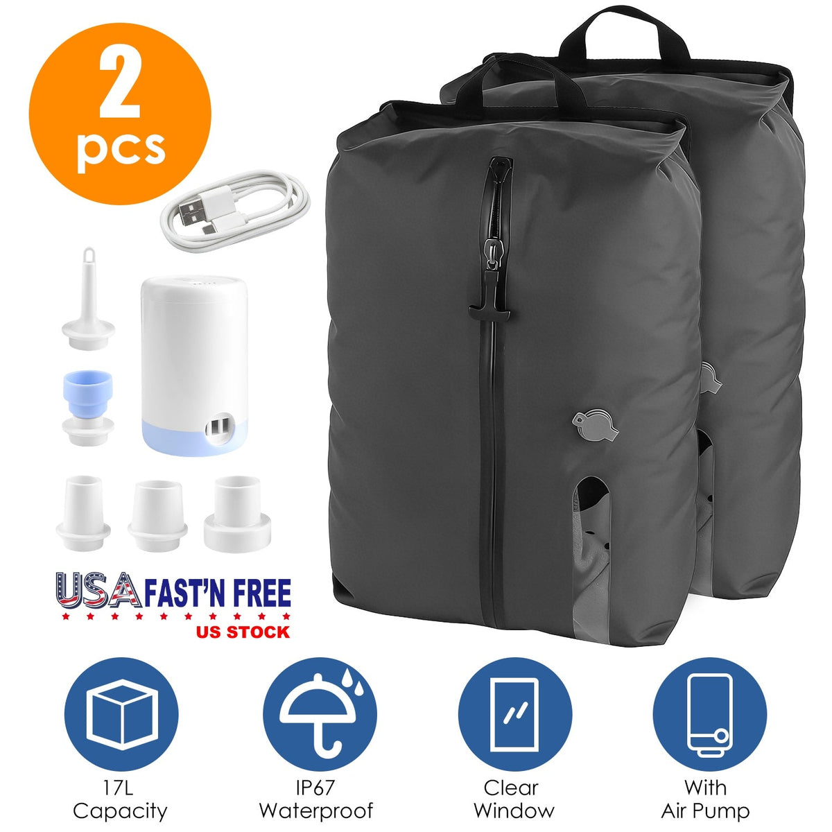 17L Vacuum Storage Bags with Rechargeable Pump (2-Pack)