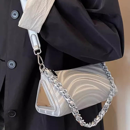 Women's versatile design crossbody bag, chain silver shoulder bag, small metallic purse crossbody