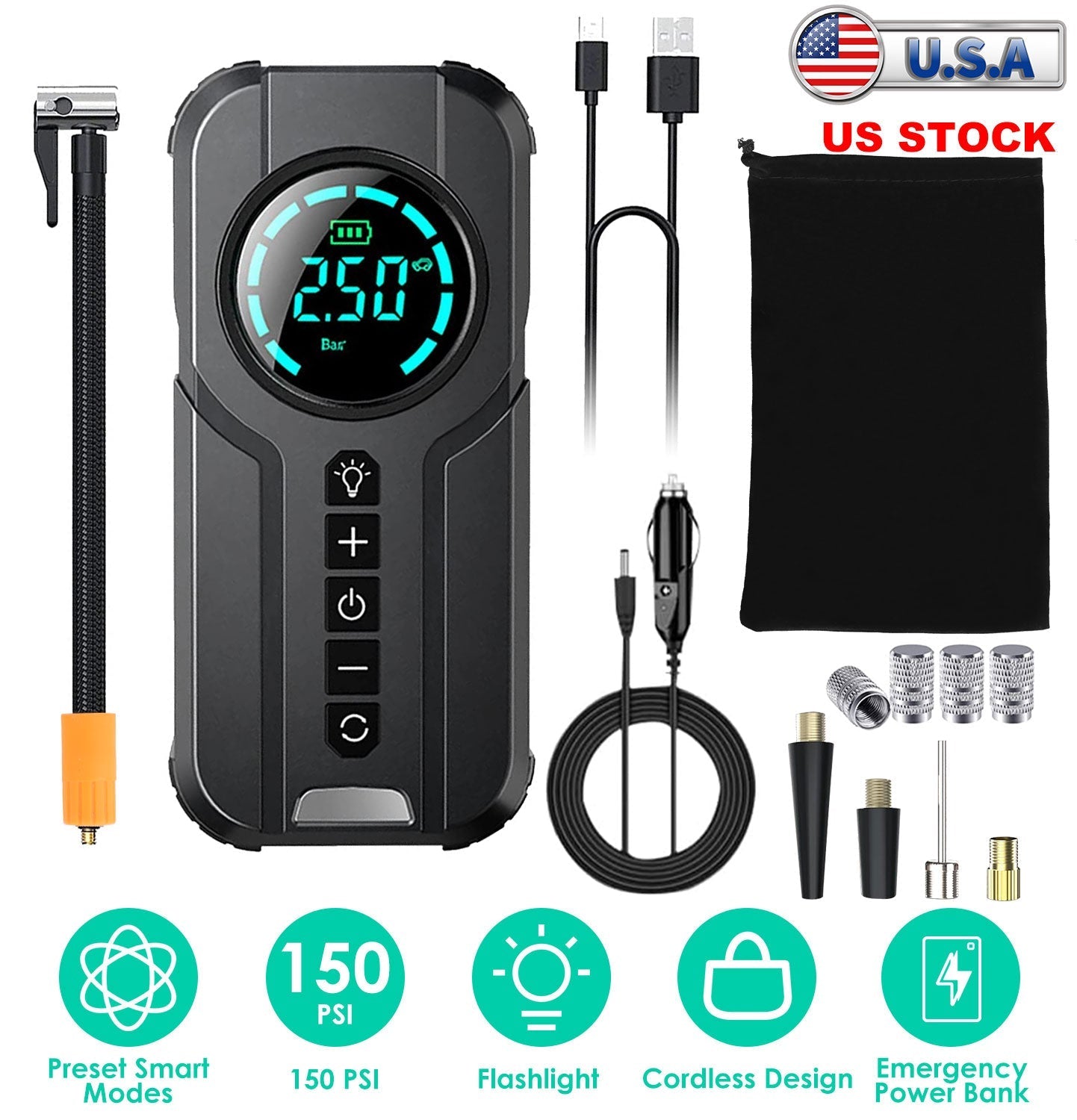 Car Tire Inflator Pump Portable Car Air Compressor Wireless Electric Air Pump 150 PSI with LED Light