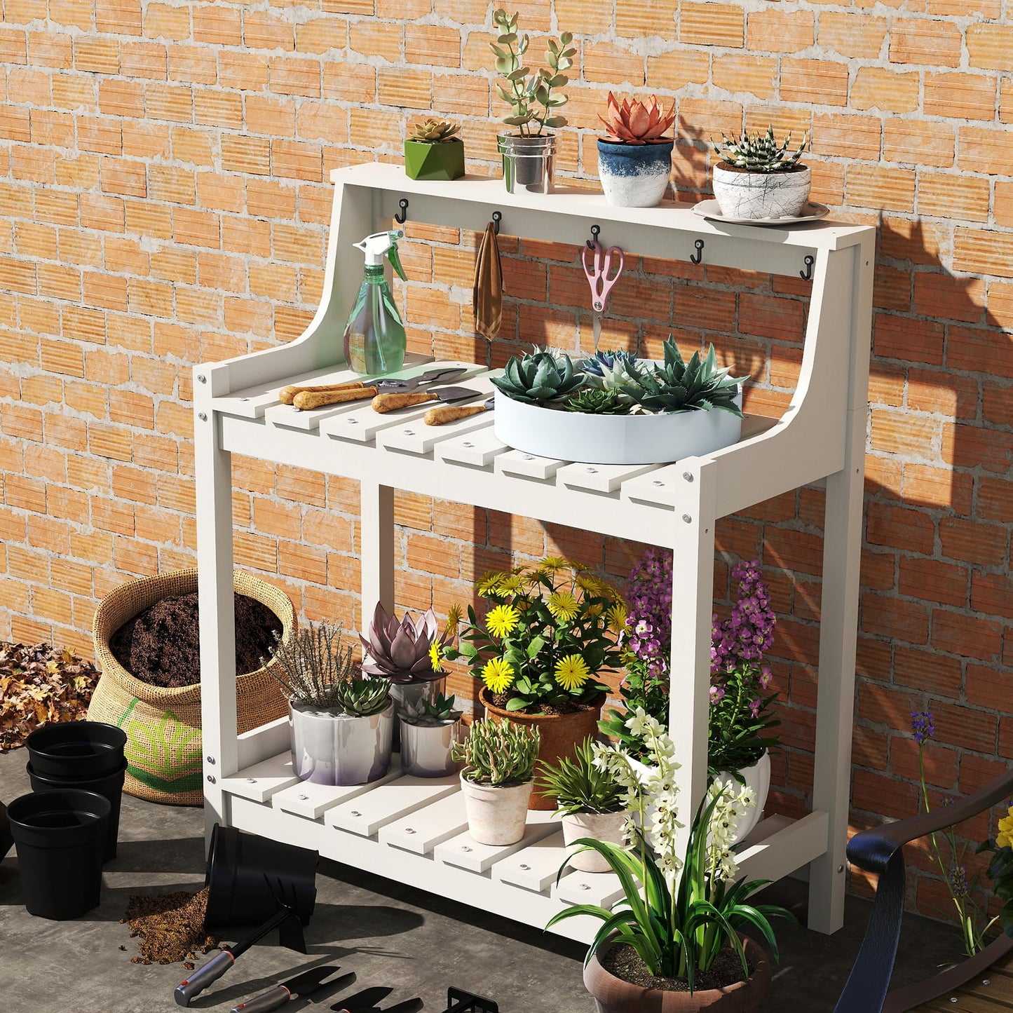 Potting Benches for Outside, HDPE Garden Potting Table with Storage