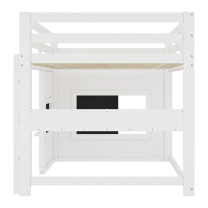 Twin Size Loft Bed With Sliding Chalkboard & Bookshelf