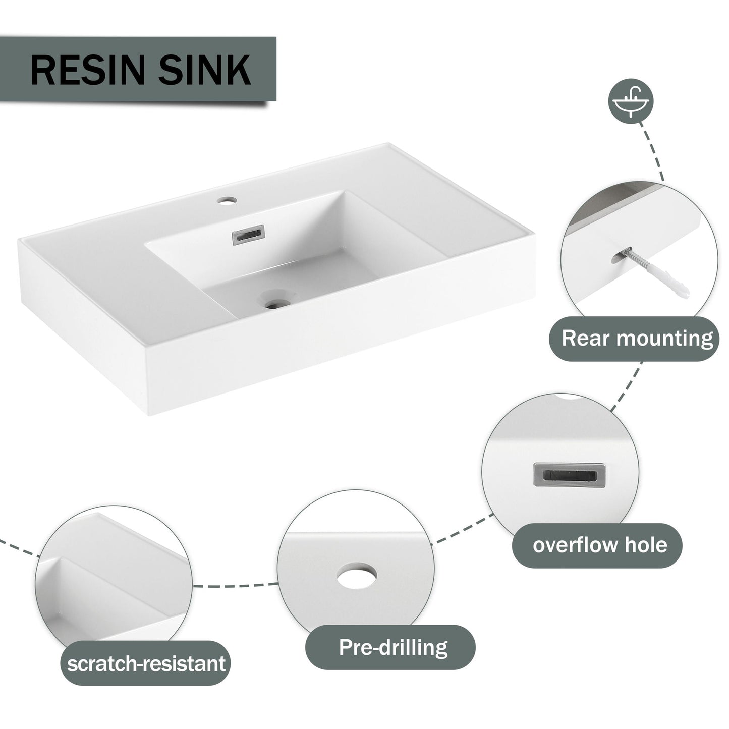 Modern Wall Mounted 30 Inch Bathroom Vanity With Resin Sink And 2 Side Cabinet In Imitative - Imitative Oak