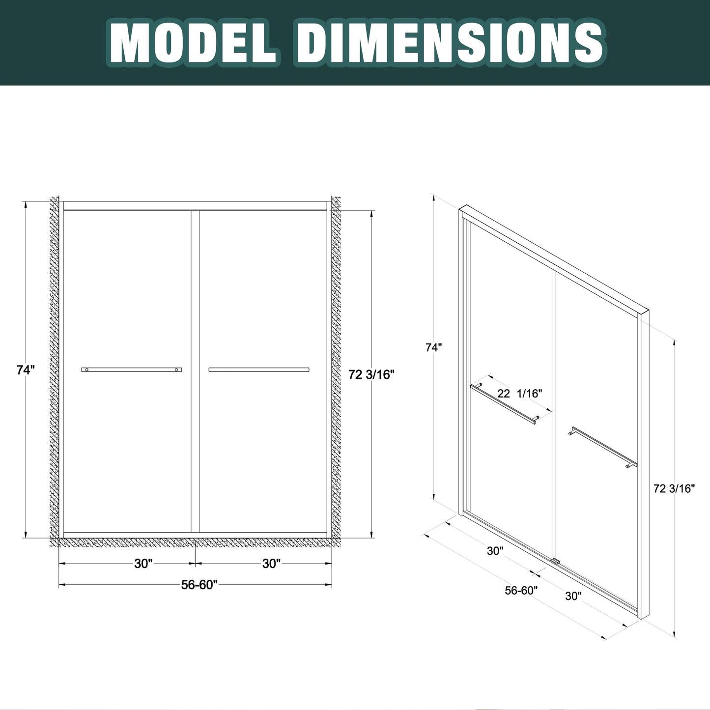 56-60"x74" Aluminum Frame Double Sliding Shower Door
