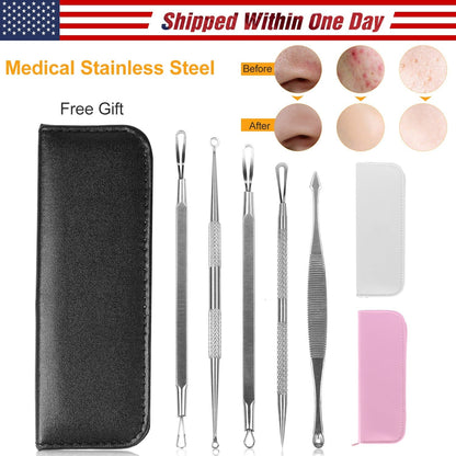 5 Pcs Blackhead Remover Kit Pimple Comedone Extractor Tool Set Stainless Steel Facial Acne Blemish Whitehead Popping Zit Removing for Nose Face Skin C