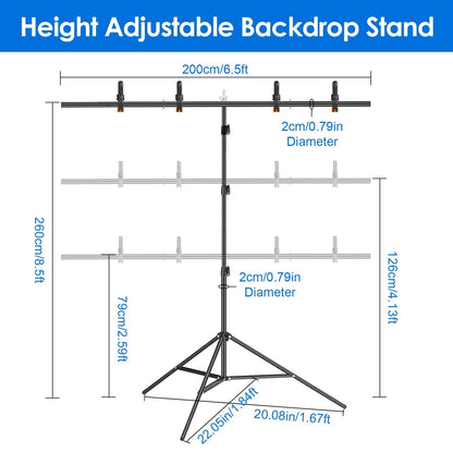 6.5 8.5FT T-Shape Photo Video Backdrop Stand Heavy Duty Background Stand Adjustable Photography Backdrop Stand with 6 Spring Clamps Sandbag Carry Bag