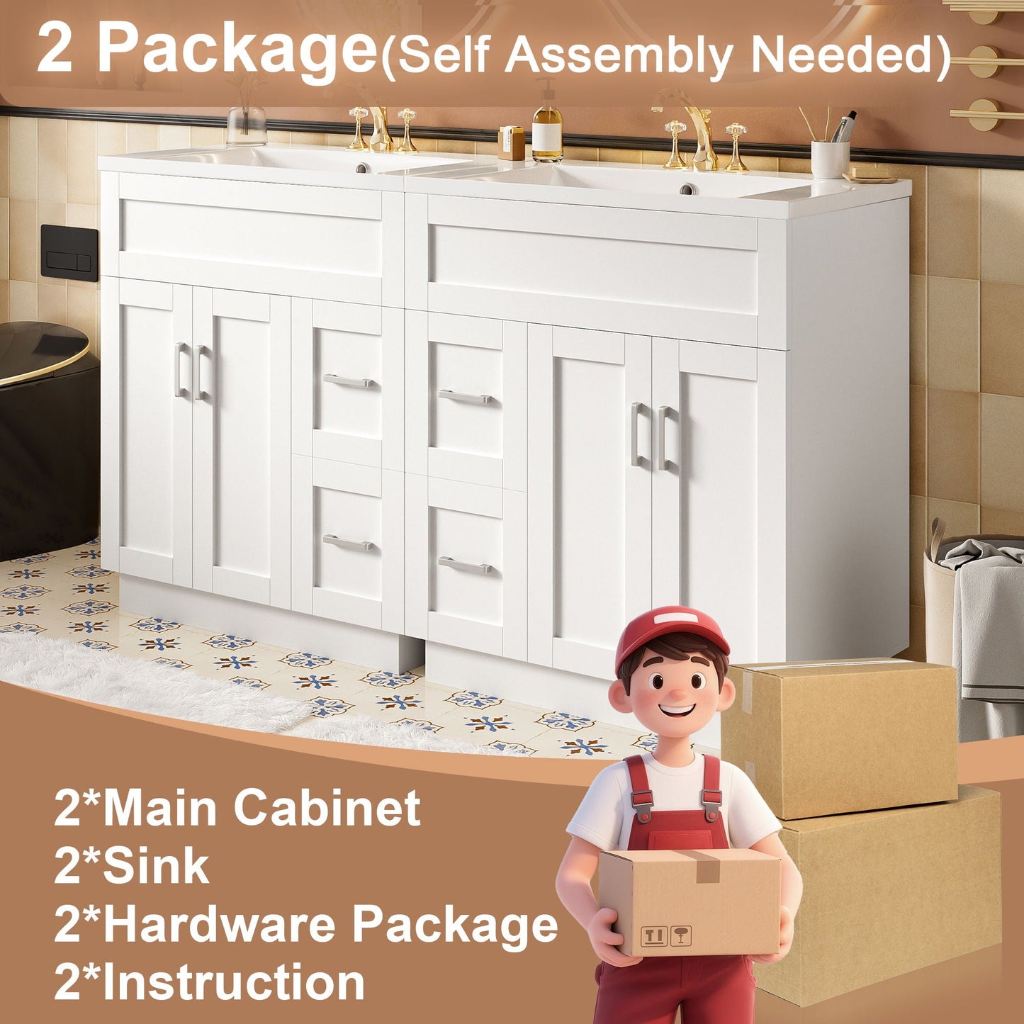 Bathroom Vanity With 2 Doors, 2 Drawers, Adjustable Shelf, Hidden Slides & Soft Close Hinges