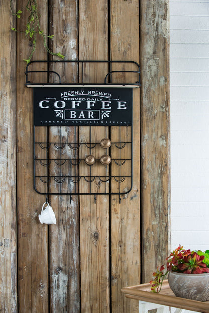 Floating Coffee Bar Shelf With Coffee Pod Holder, Hooks And Storage Shelf - Black