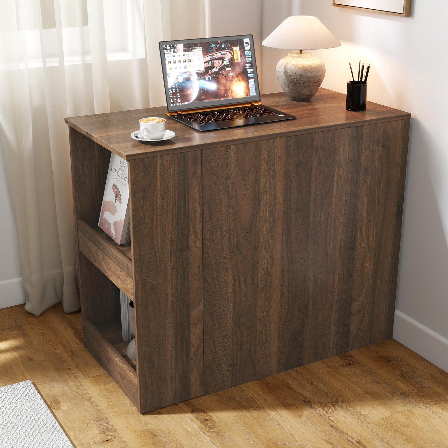 Computer Desk with Drawers, Modern Corner Home Office Storage with Extendable Table