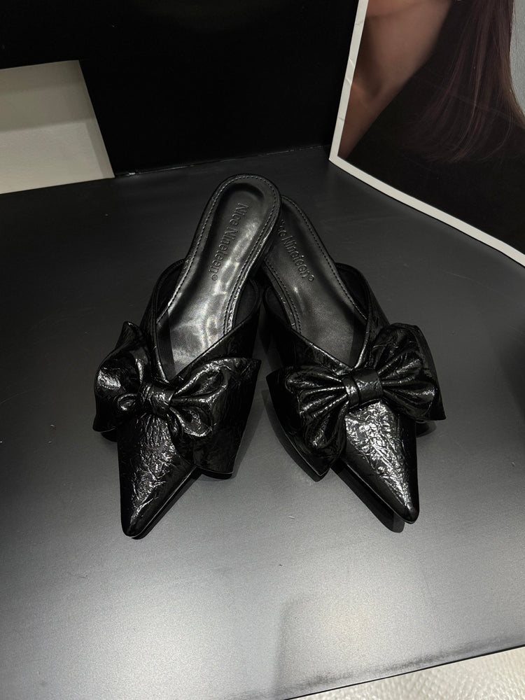 Women New Spring Summer Pointed Toe Bow V-Cut Mules, Elegant Flat Closed Toe Slide Sandals For Outdoor Wear