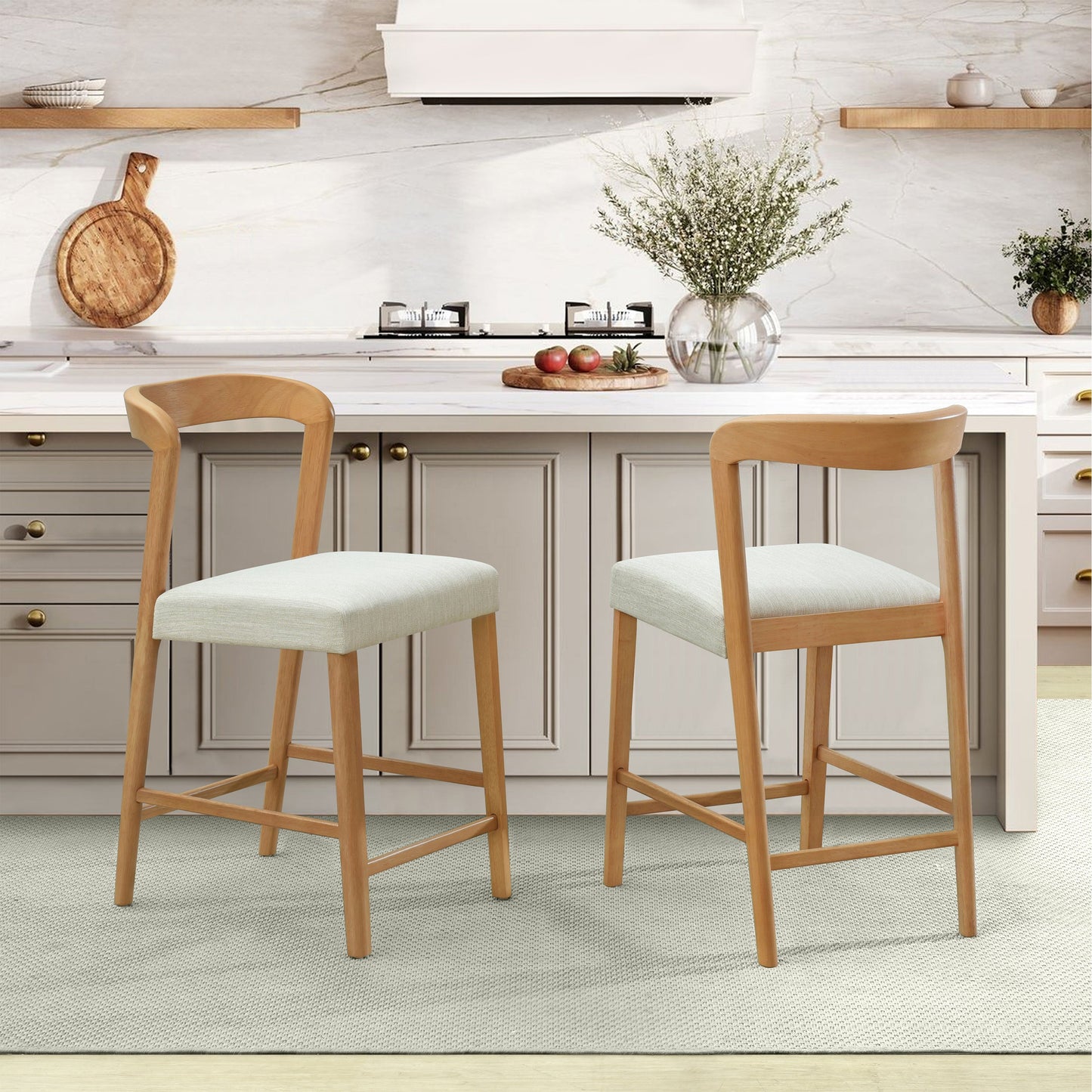 Solid Rubber Wood Counter Stools (Natural Oak + Beige) Set of 2