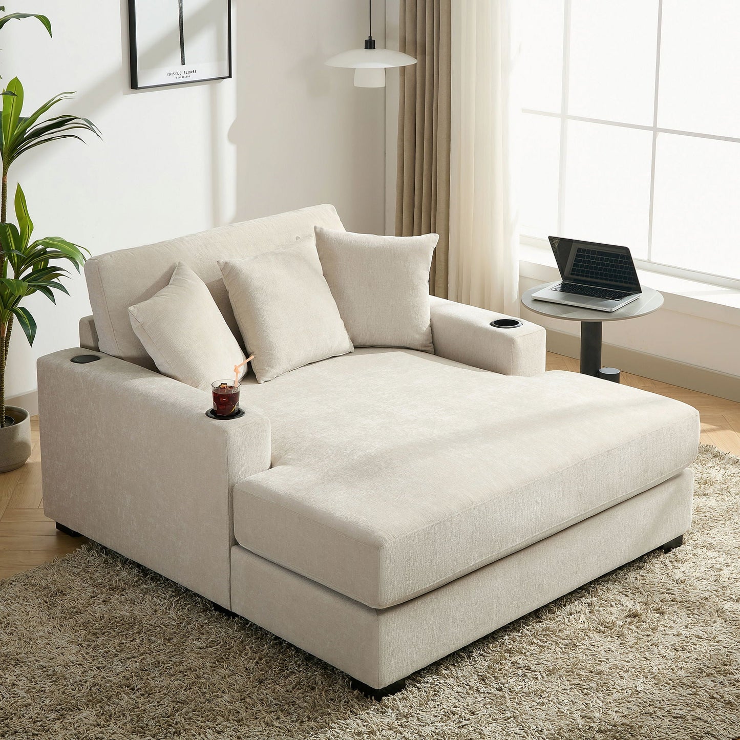 Oversized Chaise Lounger Modern Style Sofa Couch With Pillows, Charge Station & Cup Holders