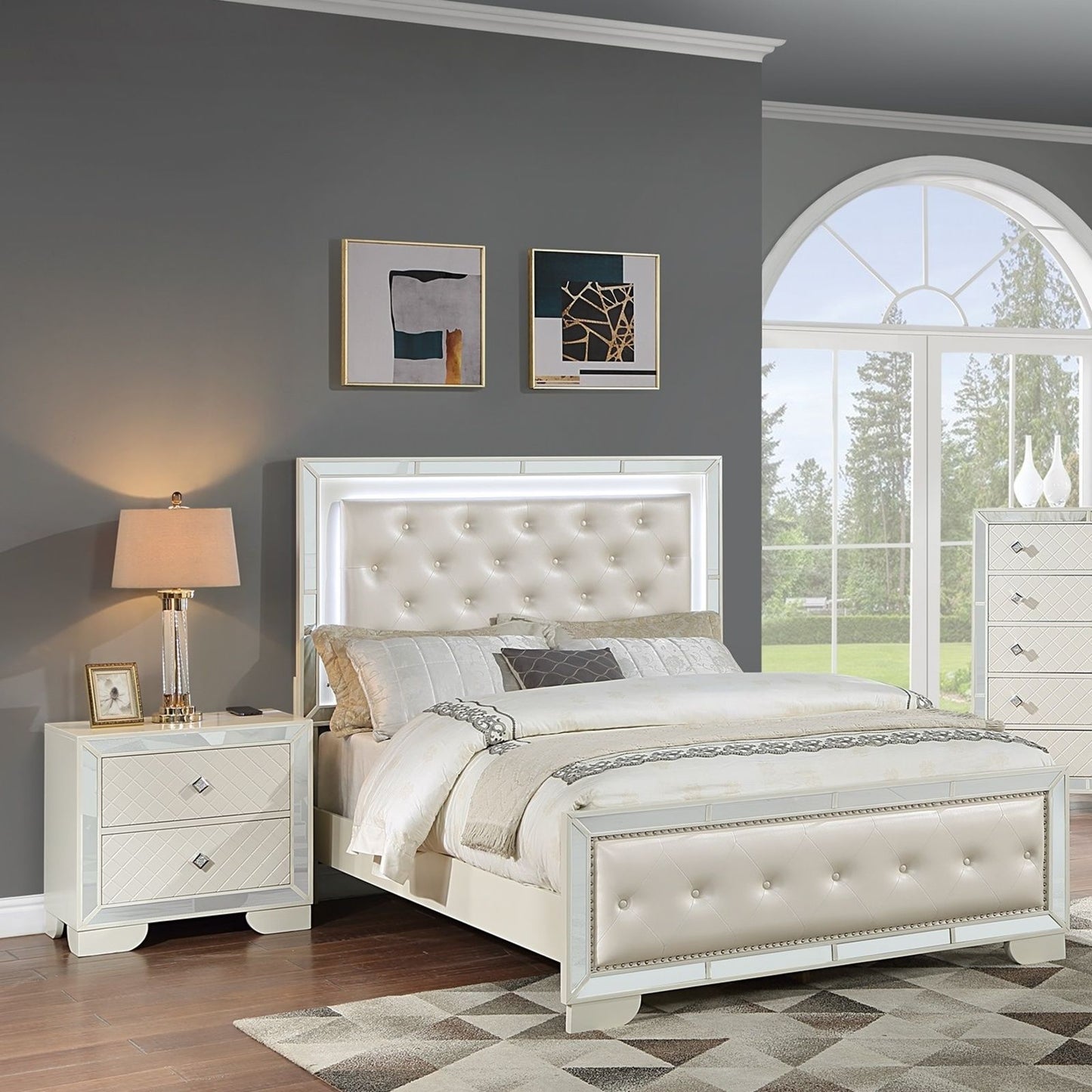 3 Piece Bedroom Set, Bed With LED Lights And 2 Nightstands