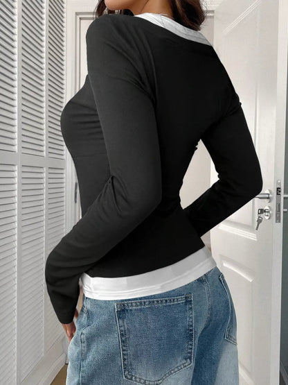 Contrast Long Sleeve Fake Two-Piece T-Shirt