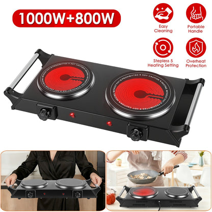 1800W Electric Double Burner Portable Heating Hot Plate Stove Countertop RV Hotplate with 5 Temperature Stepless Adjustments Portable Handles