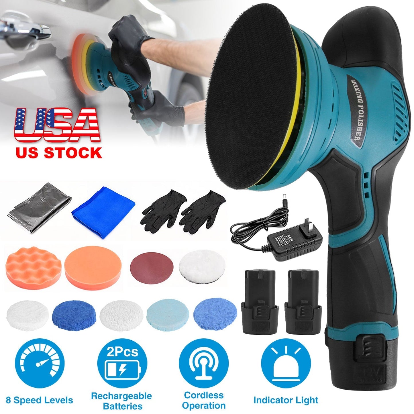 Cordless Car Buffer Polisher with 2Pcs 1500mAh Rechargeable Batteries 8 Speed Levels Wireless Polishing Waxer Machine Kit for Car Detailing