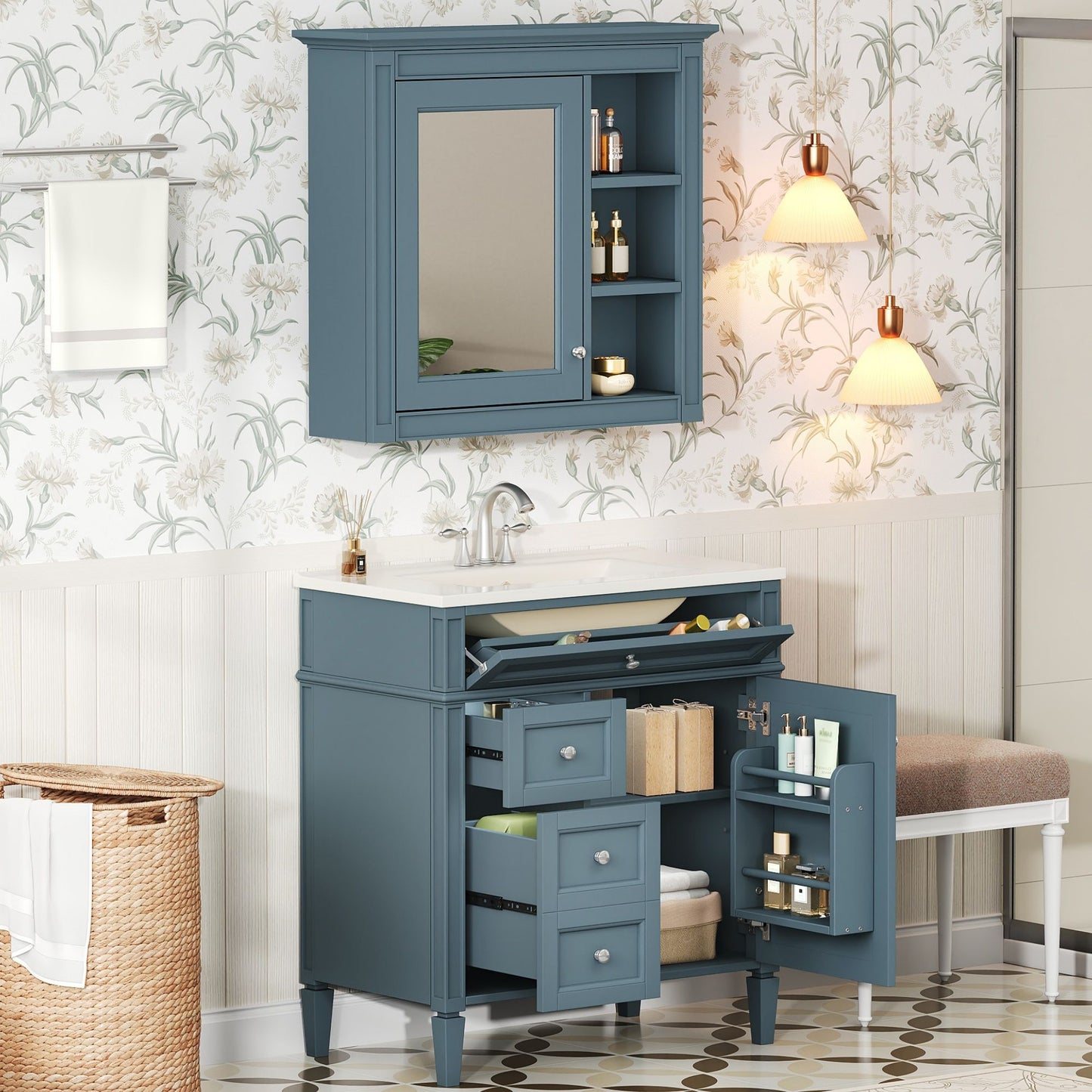 Bathroom Vanity With Medicine Cabinet, Royal Mirror Cabinet, Modern Bathroom Storage Cabinet With 2 Soft Closing Doors And 4 Drawers