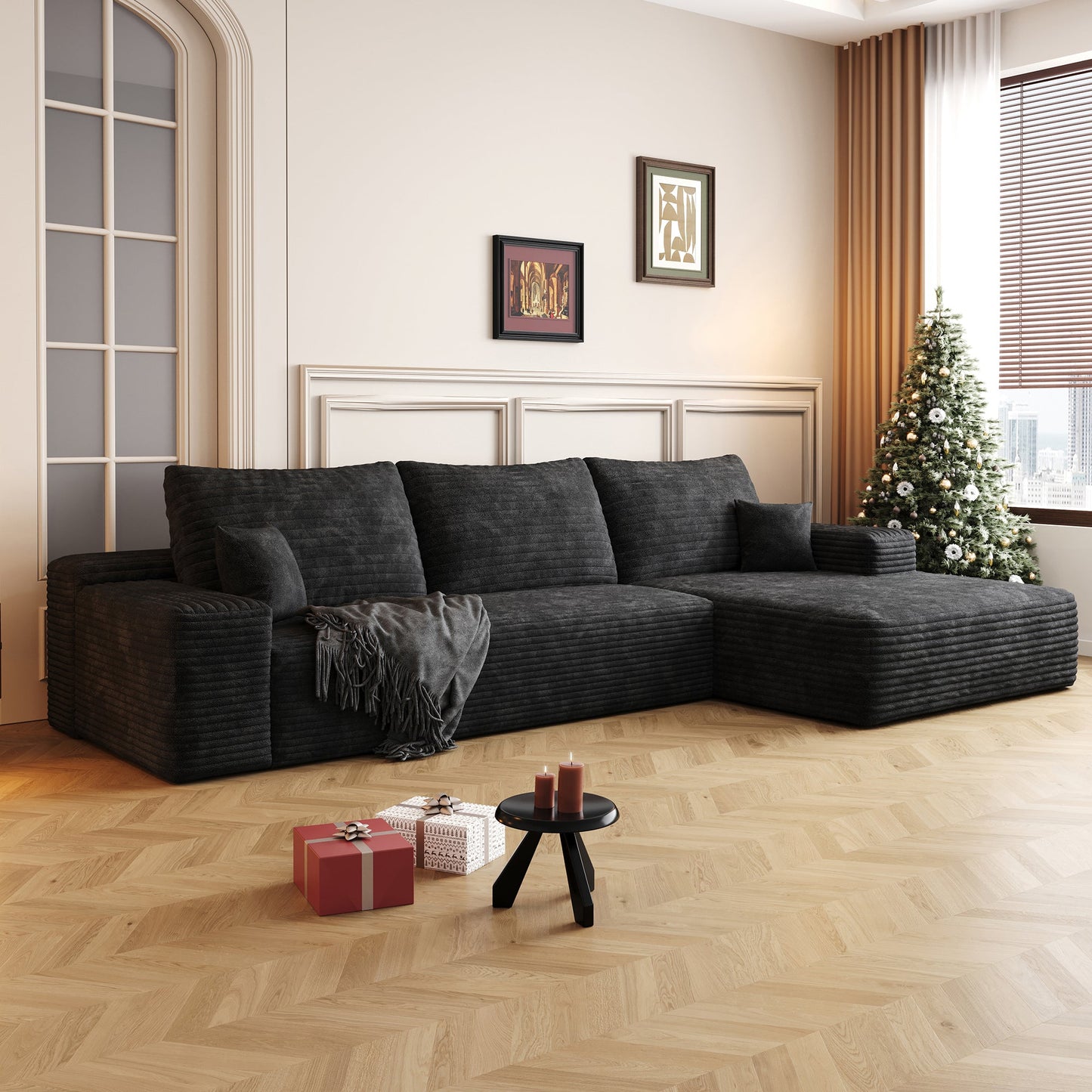 107" Cloud Sectional Couch with L-Shape Chaise, Black Plush Corduroy