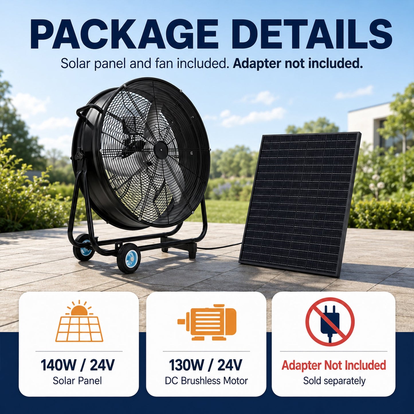 30" Wheeled Solar Fan with 140W Adjustable Monocrystalline Solar Panel