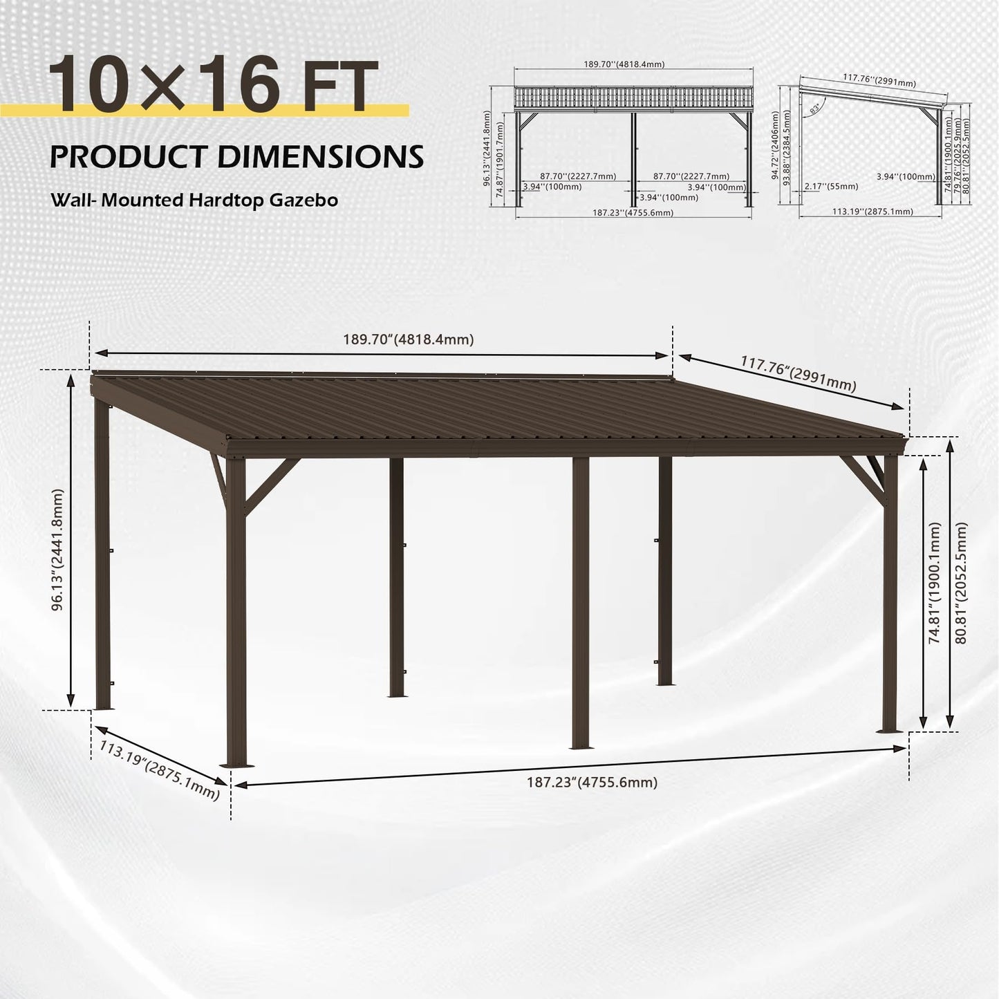 10'x16' Hardtop Lean-To Gazebo with Gutters