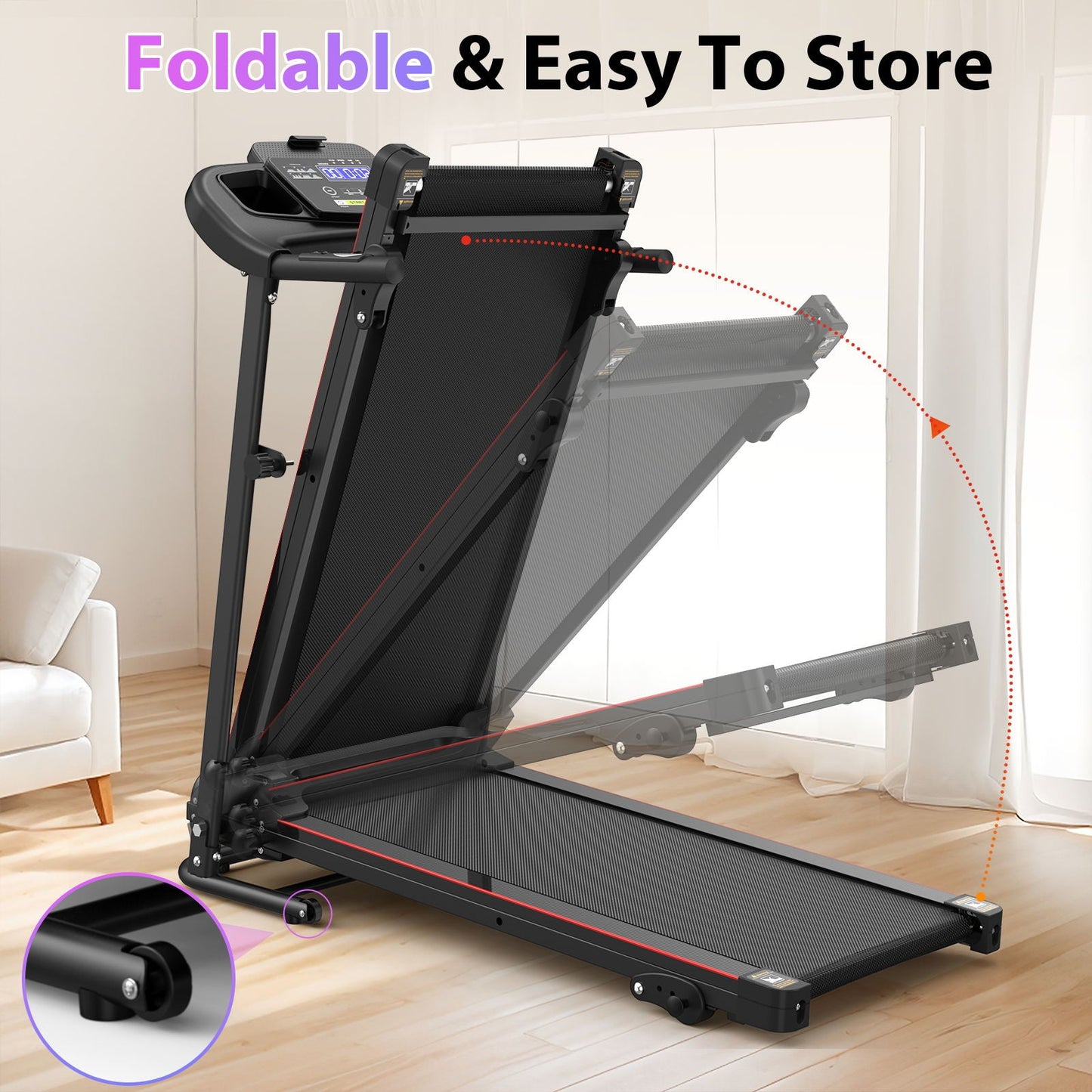 Foldable Electric Treadmill With 2.5Hp Motor, 12Km / H Speed, 3 Incline Levelstooth Music, Heart Rate Sensor, Spacious Running Belt For Indoor - Black