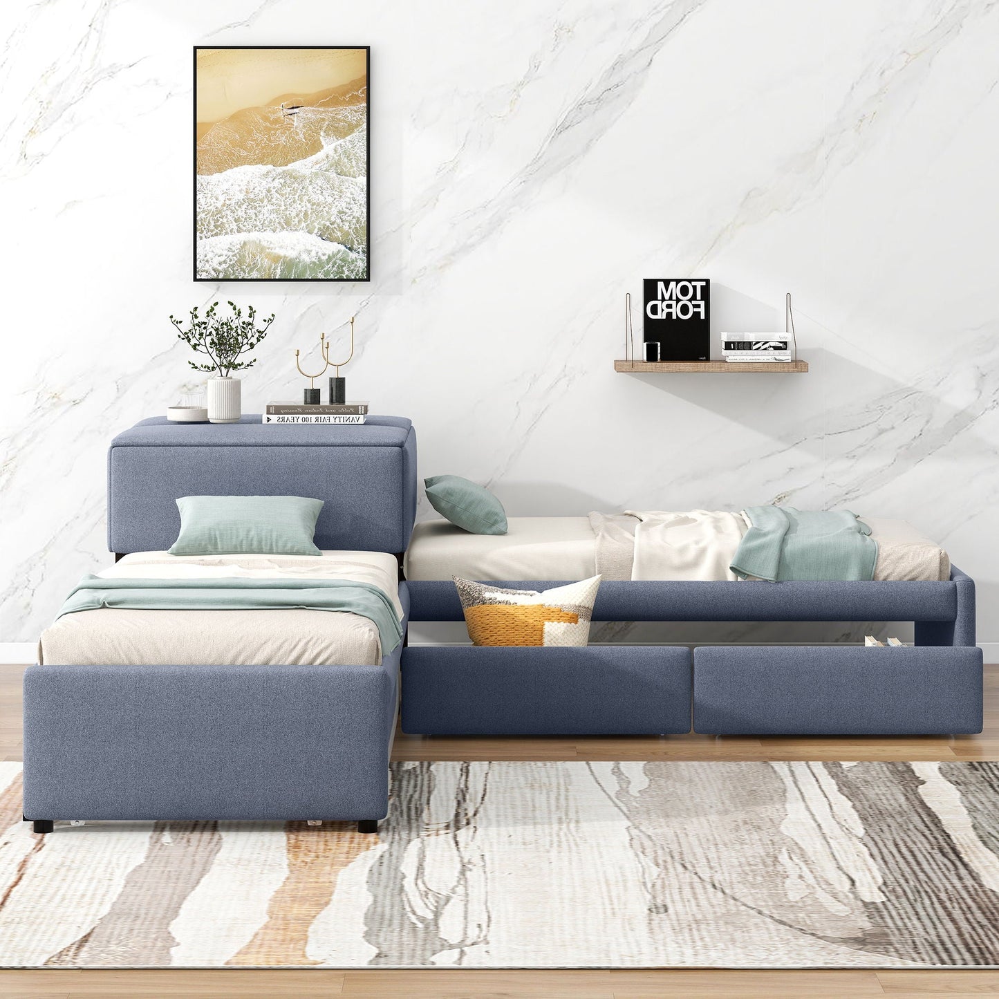 L Shaped Upholstered Platform Bed With Trundle And 2 Drawers Linked With Built In Desk