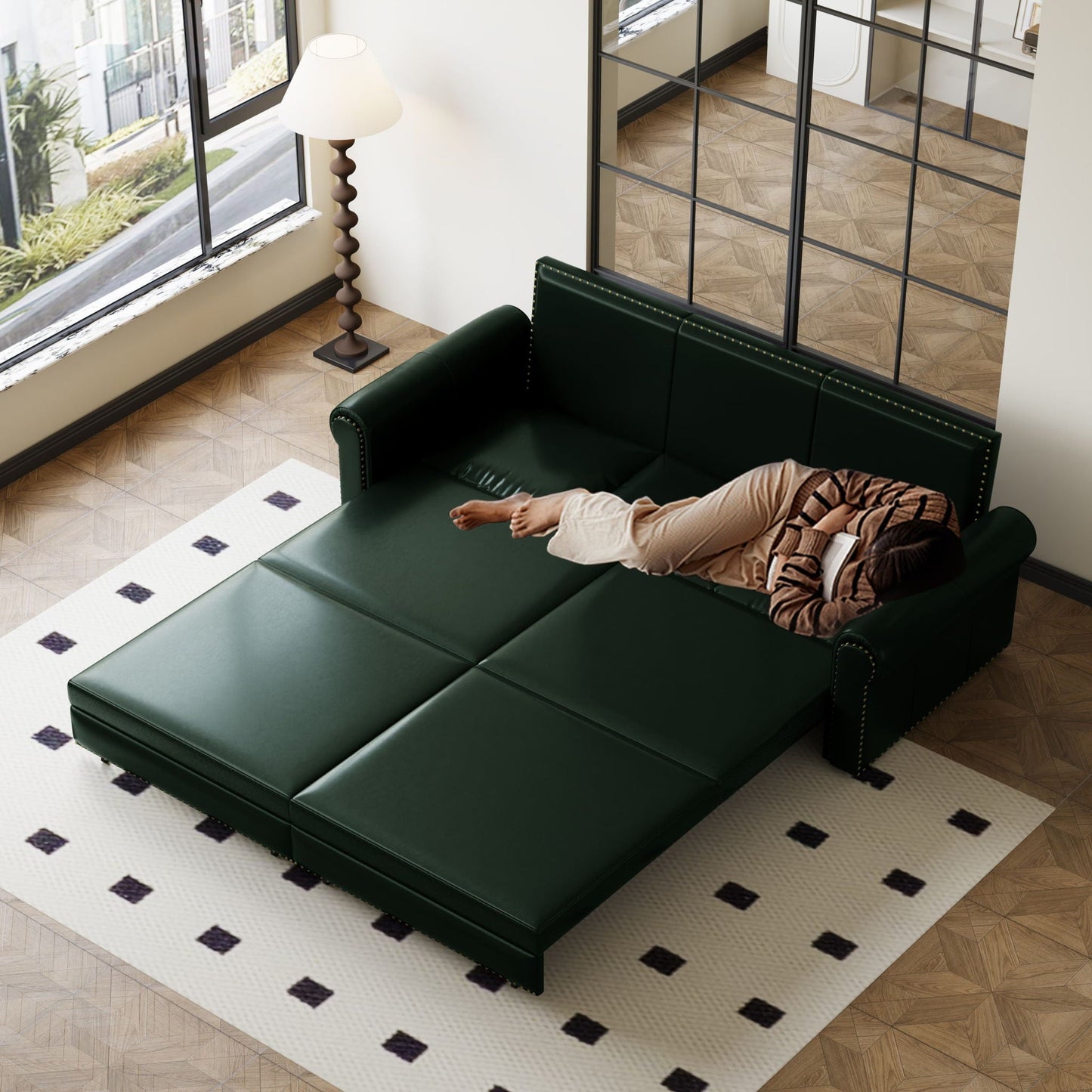 3 In 1 Convertible Sleeper Sofa With Nailhead Trim & Rolled Arm