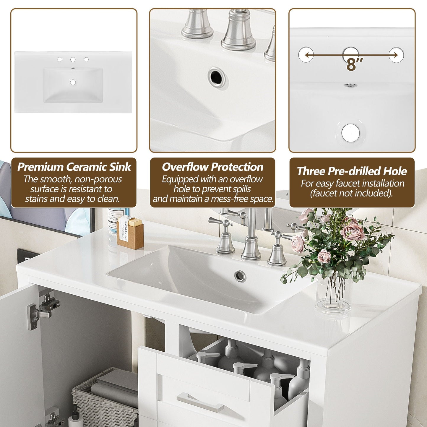 Bathroom Vanity, Modern Bathroom Cabinet With Sink Combo Set, Bathroom Storage Cabinet With A Soft Closing Door And 3 Drawers, Solid Wood Frame