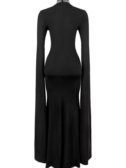 Rhinestone Slit Flare Sleeve Cape Maxi Dress