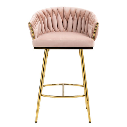 Counter Height Bar Stools Kitchen Island Counter Bar Stool With Hand - Wave Back, Golden Chromed Base And Footrest (Set of 2) - Pink