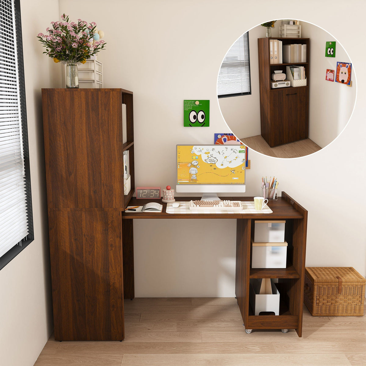 Stretchable Office Desk With Storage Shelves And Mobile Wheels